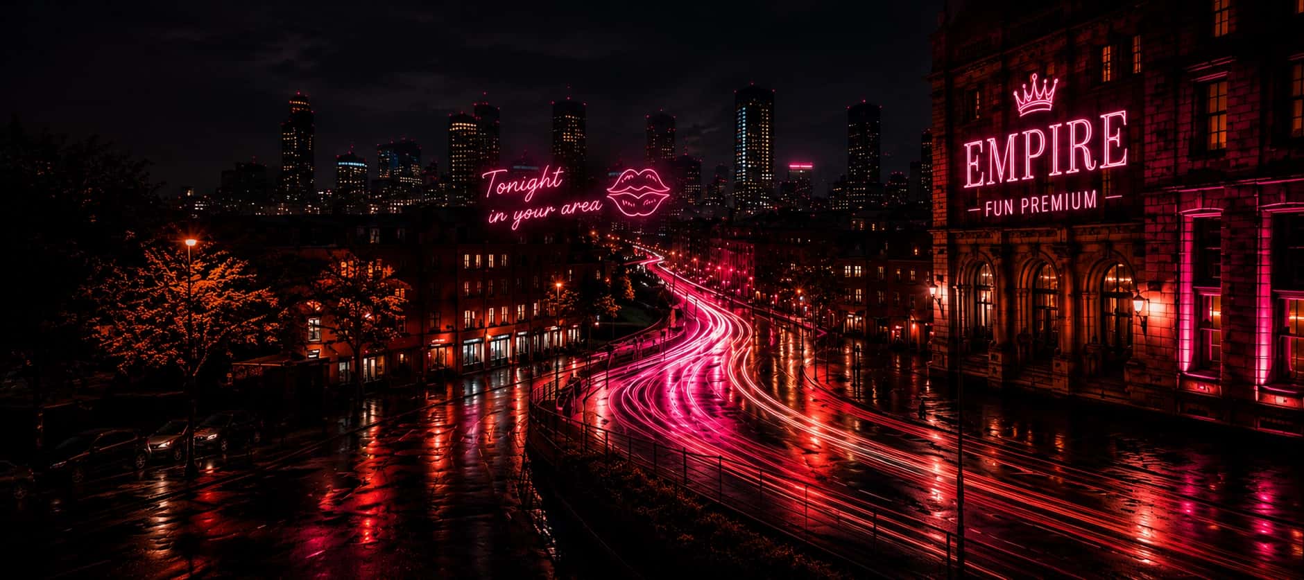 Sheffield city streets lit up at night — Empire outcall coverage area